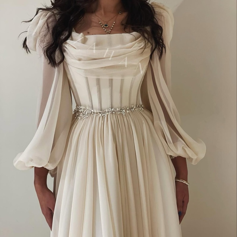 Romantic Cream Long Sleeve Dress with Embellished Waist